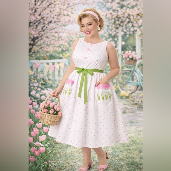 Unique Vintage Smak Parlour Pink Pin Dot Tulip Sleeveless Swing Dress, 1x, NWT! - Picture 10 of 16